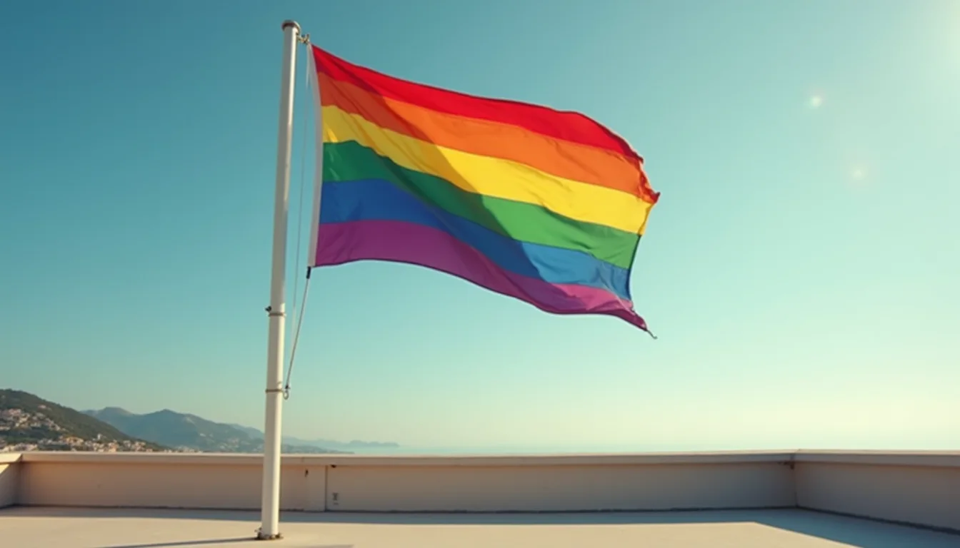 grand drapeau arc-en-ciel flottant sur un toit dans le ciel matinal a Nice