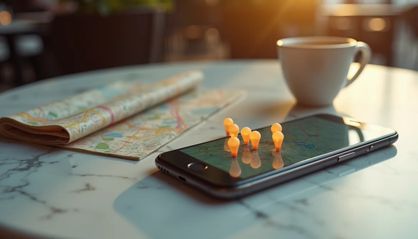 smartphone aux épingles de carte sur une table de café ensoleillée a Nice