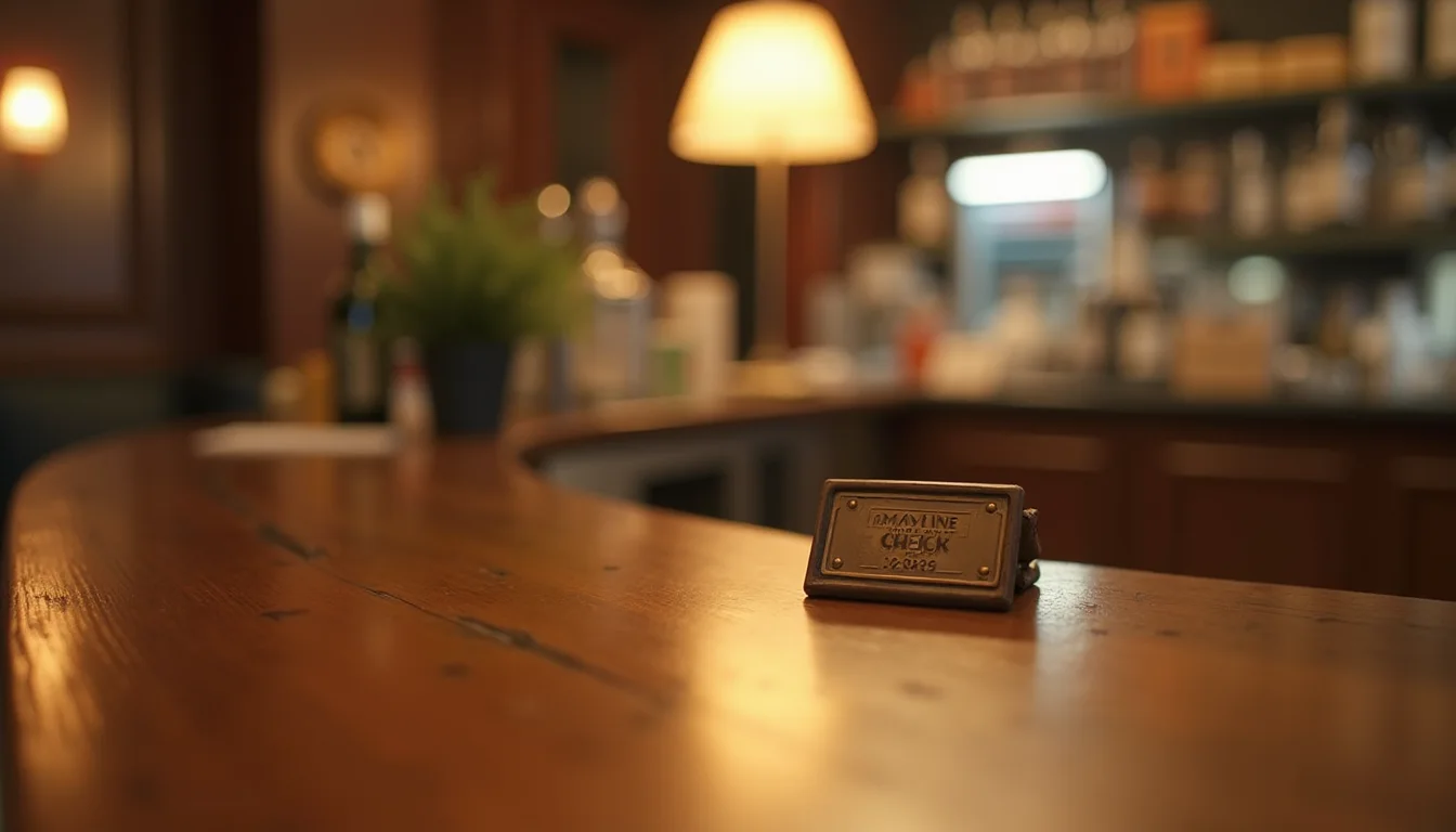 jeton de vestiaire en laiton sur un comptoir en bois ciré, lueur ambrée a Nice