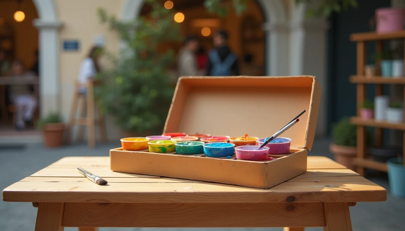 palette de peinture pour le visage en couleurs arc-en-ciel sur une table en bois a Nice