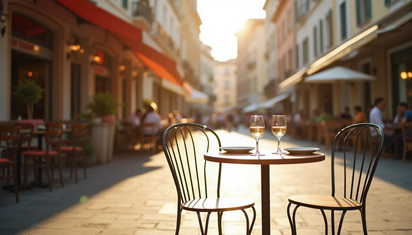 table de bistrot pour deux près d'une place ensoleillée, deux chaises vides a Nice