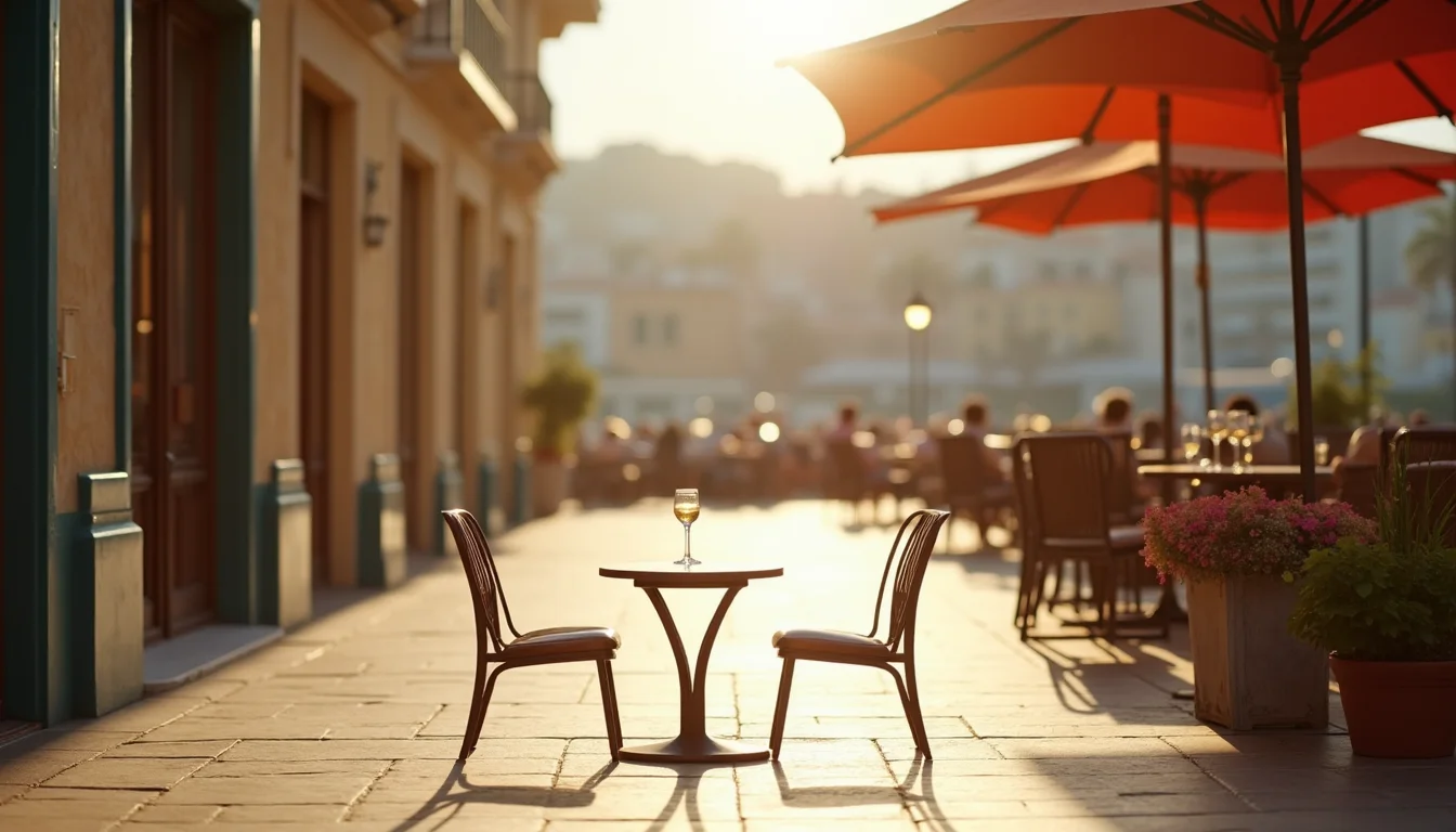 table de bistrot pour deux près d'une place ensoleillée, deux chaises vides a Nice