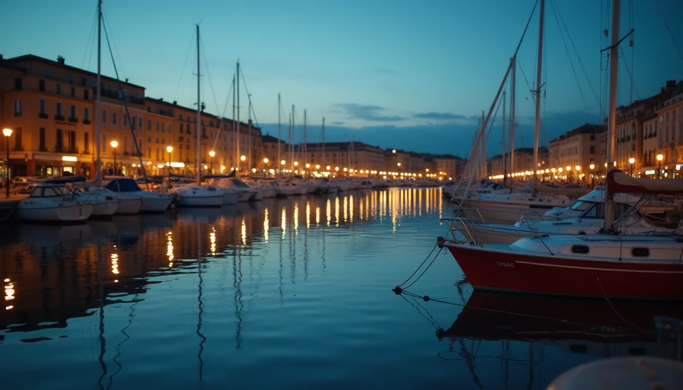 port au crépuscule, bateaux amarrés et lanternes reflétées a Nice