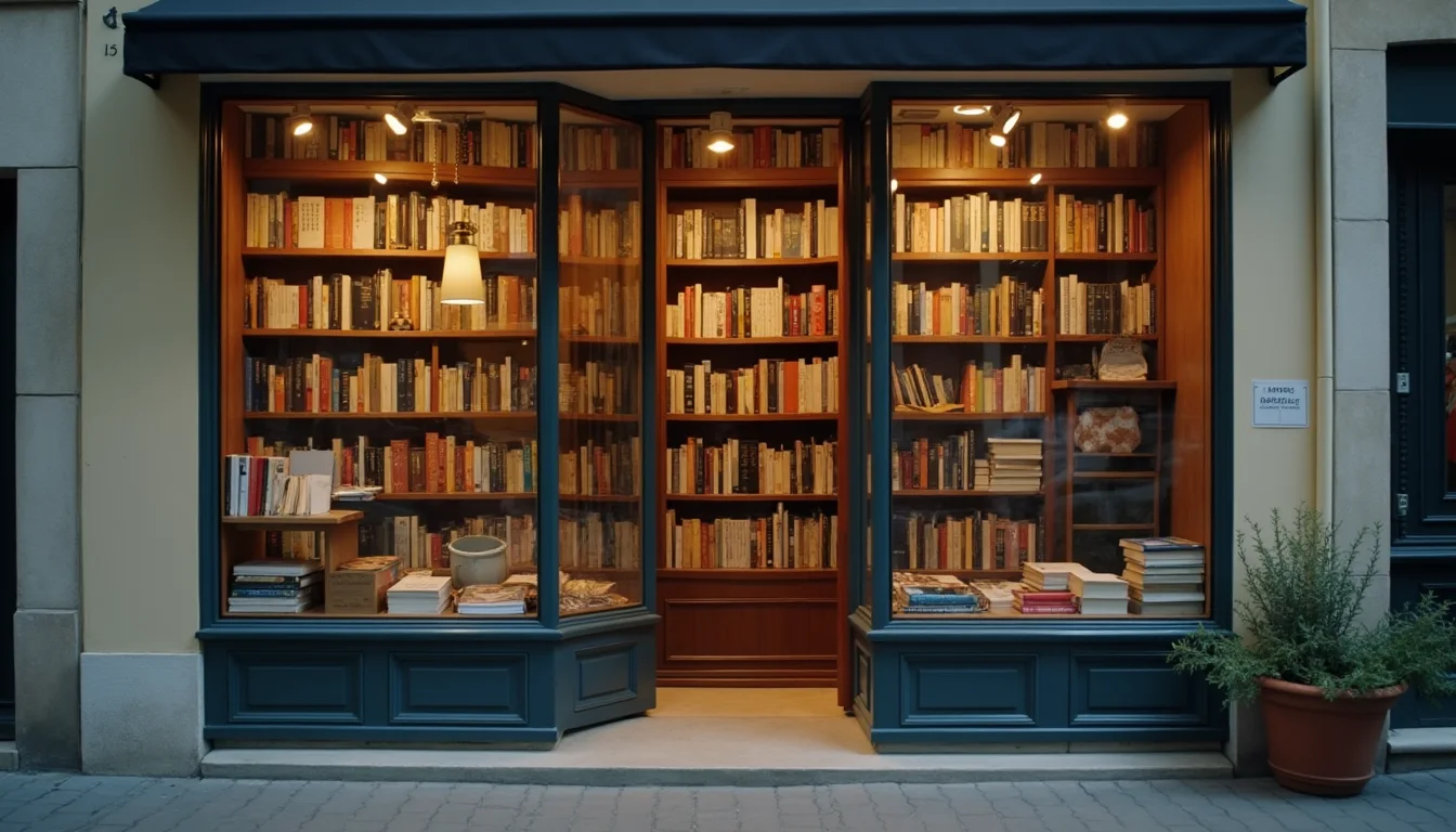vitrine de librairie independante remplie de livres, lampe en laiton a Nice