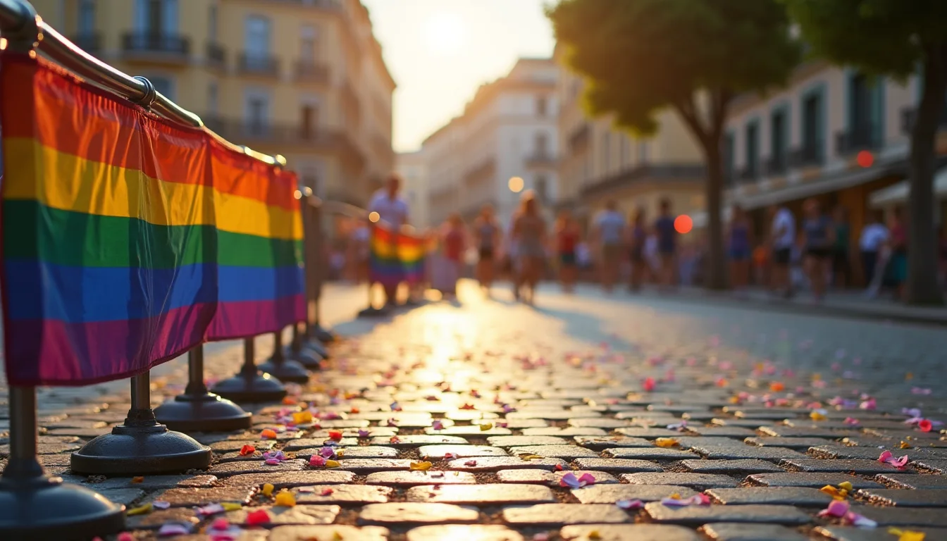 drapeau arc-en-ciel sur une barrière de parade, confettis au sol a Nice