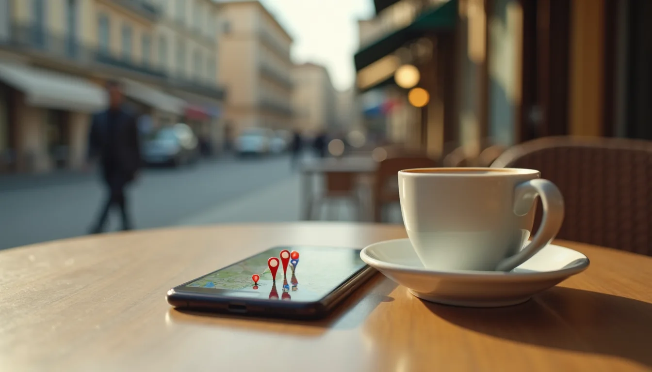 smartphone avec épingles de carte près d'un espresso sur une table de café a Nice