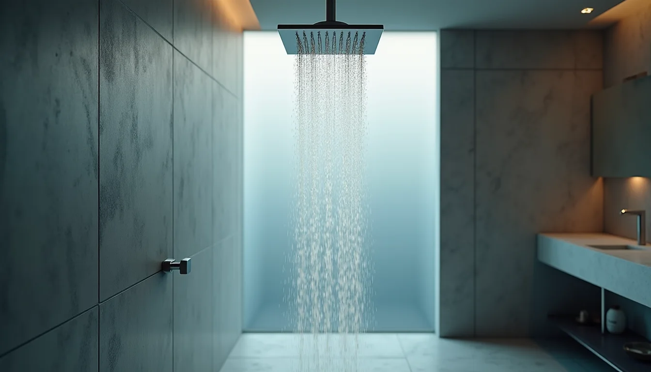 pomme de douche pluie sur carrelage ardoise, eau et brume fine a Nice