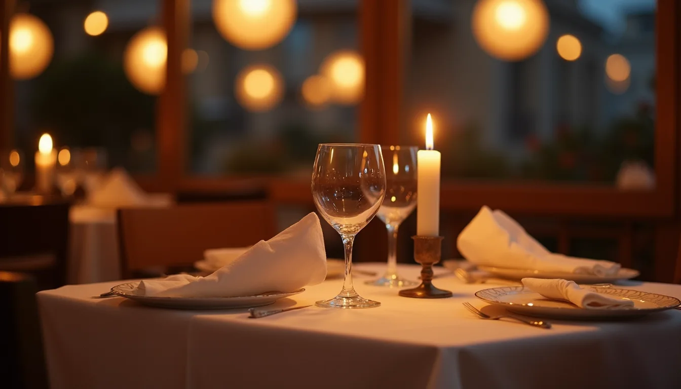 table de dîner aux chandelles dressée pour deux, lumière chaude du soir a Nice