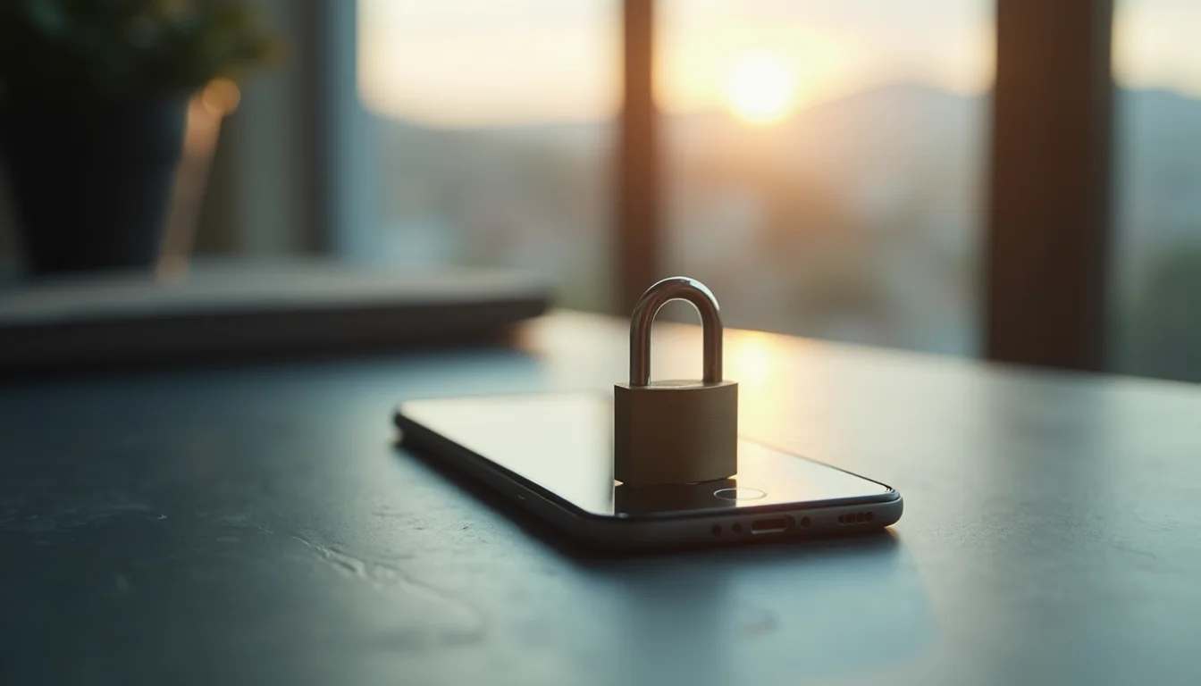cadenas en acier brossé fermé sur un smartphone face cachée sur ardoise a Nice