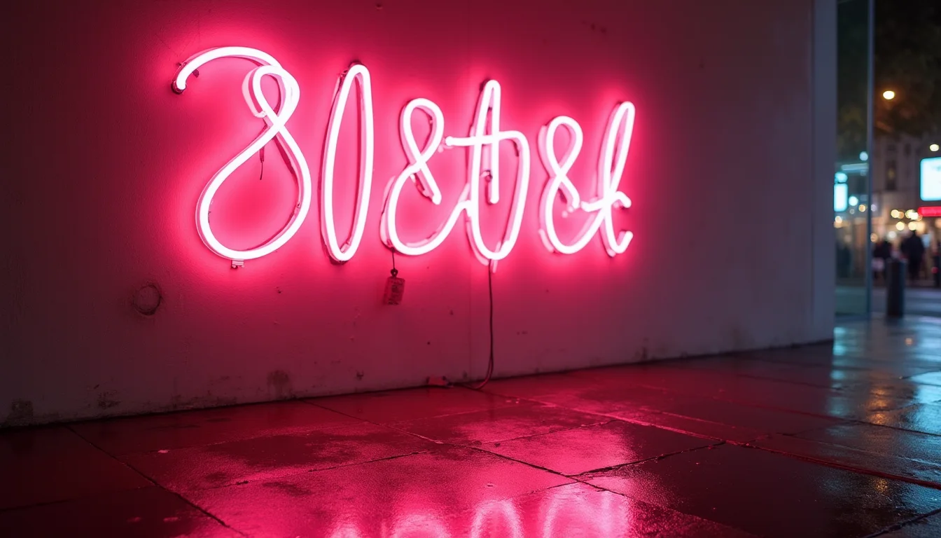 enseigne lumineuse abstraite, reflets roses sur mur humide a Nice