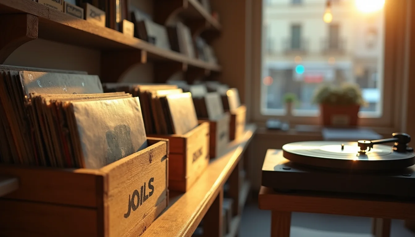 bacs de disques en bois et platine, lumière chaude sur les pochettes a Nice