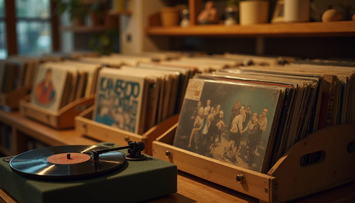 bacs de disques en bois et platine, lumière chaude sur les pochettes a Nice