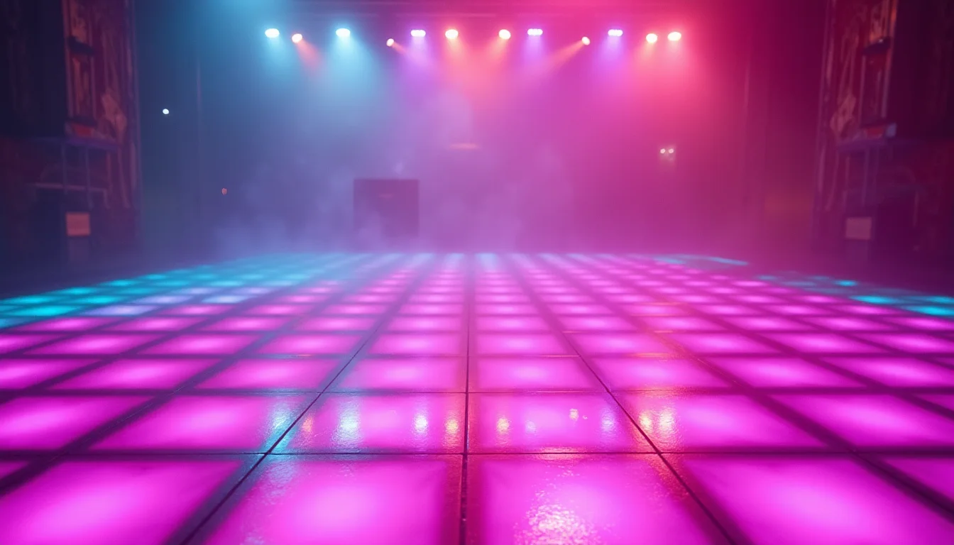 piste de danse au néon, carrés réfléchissants magenta et cyan a Nice