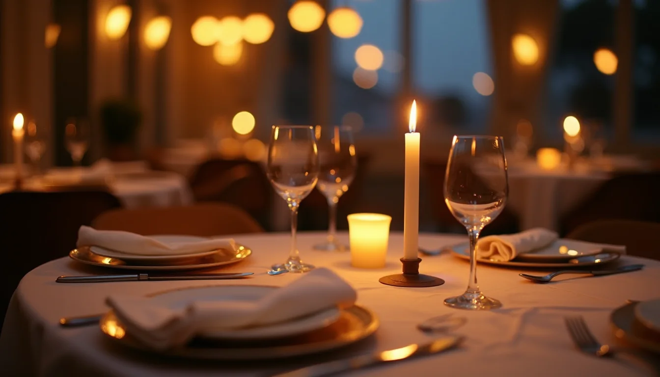 table de dîner aux chandelles dressée pour deux, lumière chaude du soir a Nice